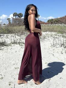 Alexandranx Women's Holiday Outfit - Solid Dark Purple Plunge Neckline Backless Dress, Elegant Halter Backless Beachwear For Ladies Beach Outfits For Woman Swim Coverup Women Swimsuit Cover Up Bathing Suit Cover Up Playa Beach Cover Up Women Beach Outfits For Woman Beach Dress Country Concert Outfit, Tulle Wraps, Festival - Burgundy - View 4