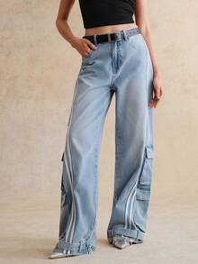 Anewsta Heavy-Duty Blue Striped Print Denim Jeans Baggy Jeans Women Loose Jeans Baggy Jeans Y2k Wide Leg Jeans Oversized Jeans - Blue - View 5