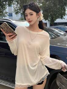 DAZY 女款二合一蕾丝拼布长袖宽松长款T恤，适合春季和秋季服装 - 白色 - 查看 8