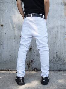 Manfinity EMRG Quần jean denim trắng rách, ôm sát, co giãn, thêu họa tiết hip-hop Mỹ. - trắng - Xem 2