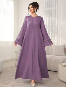 Al Najma Solid Color Round Neck Loose Long Sleeve Patchwork Ribbon Dress, Casual Resort Wear - Purple - View 5