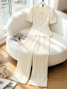 SHEIN 2件套女童花瓣袖西装上衣和直筒阔腿裤套装 - 杏色 - 查看 5