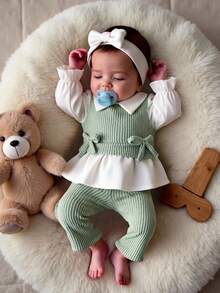 SHEIN Bộ 2 món/Bộ trang phục thường ngày cho bé gái sơ sinh, áo dài tay cổ bẻ phối màu và quần len rộng rãi - màu xanh lá - Xem 3