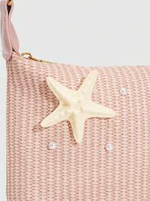 ROMWE Fairycore Pieza, Bolso de Paja Colorido Estilo Resort Dopamina con Decoracióde Estrellas de Mar y Conchas, Bolso de Playa Tropical, Adecuado para Viajes de Primavera y Verano, Vaca - Color F - Ver 7