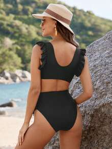 Swim Vcay 夏季沙灘懷孕純色比基尼套裝，孕婦泳衣 - 黑色 - 查看 2