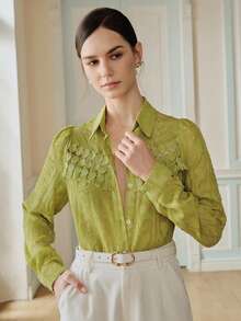 Anewsta Women's Autumn New Floral Lace Patchwork Chiffon Jacquard Blouse Teachers' Day Golf Pastal Sexy - Green - View 5