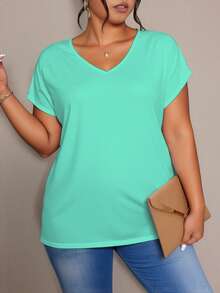 EMERY ROSE Women's Solid Color V-Neck Short Sleeve Casual Plus Size T-Shirt, Summer Style, Plus Size T-Shirt Clothes For Ladies V-Neck T-Shirt Short Sleeve Top - Multicolor - View 6