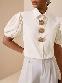 Vesra Women's Solid Color Puff Sleeve Casual Metal Button Decorated Shirt - Apricot - View 1