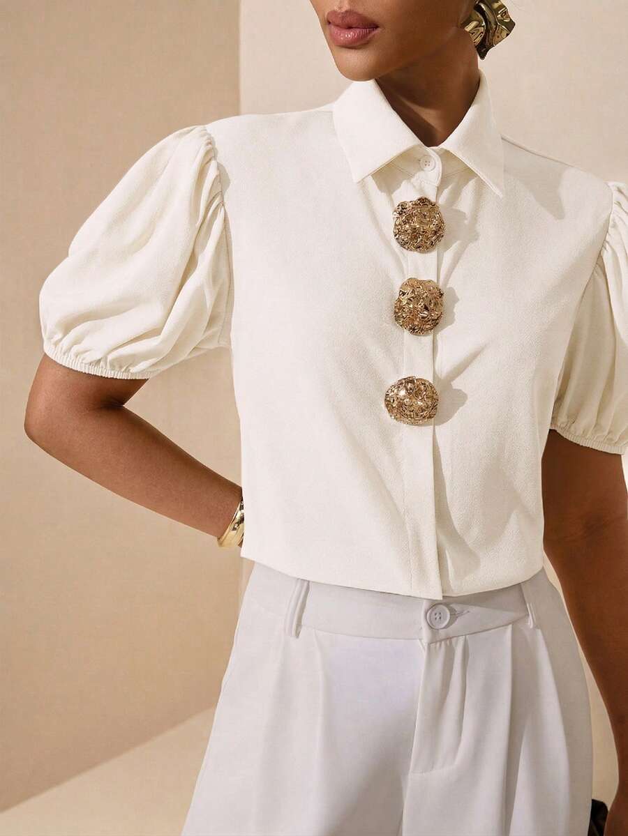 Vesra Women's Solid Color Puff Sleeve Casual Metal Button Decorated Shirt - Apricot - View 1