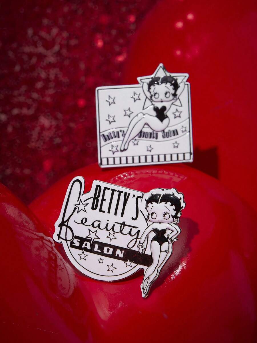 Betty Boop x SHEIN 2件套全新创意卡通图案印花胸针，IP拼接设计，可爱个性，简约大方，也可作包包配饰使用。 - 黑與白 - 查看 1