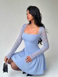 Aloruh Women's Solid Color Light Blue Lace Patchwork Umbrella Skirt - Baby Blue - View 7
