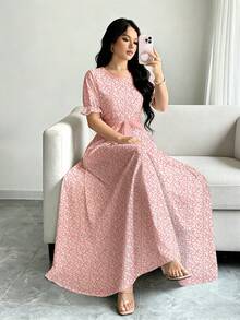 xheModelyn Vestido con estampado de rayas de flor de durazno, diseño de cuello redondo, manga corta abullonada y cinturón en la cintura para mujer, vestido midi elegante de veranoxhe - Multicolor 3 - Ver 2