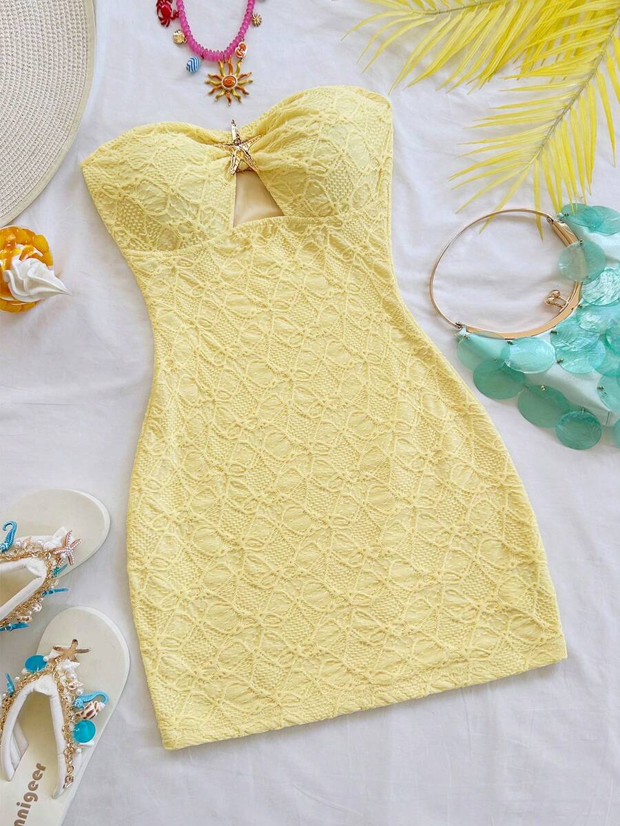 Soleia Đầm mini ôm sát cơ thể màu trắng dệt kim, không dây vai, khoét ngực, xếp ly, trang trí sao biển kim loại, thích hợp cho kỳ nghỉ hè, dự tiệc, hẹn hò, đi biển, du lịch. - trái cam - Xem 1