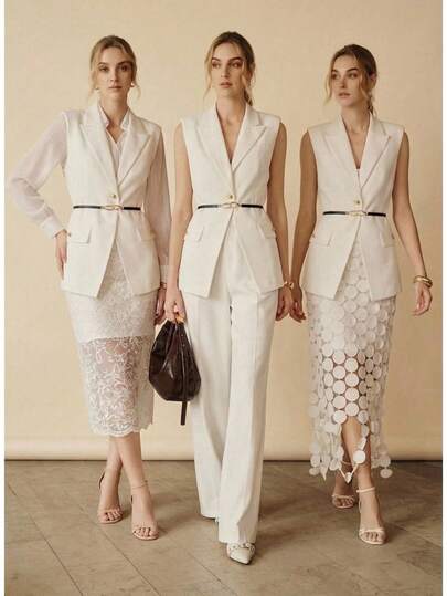 Anewsta 都市复古风无袖翻领金属纽扣装饰马甲，白色女士西装外套配腰带