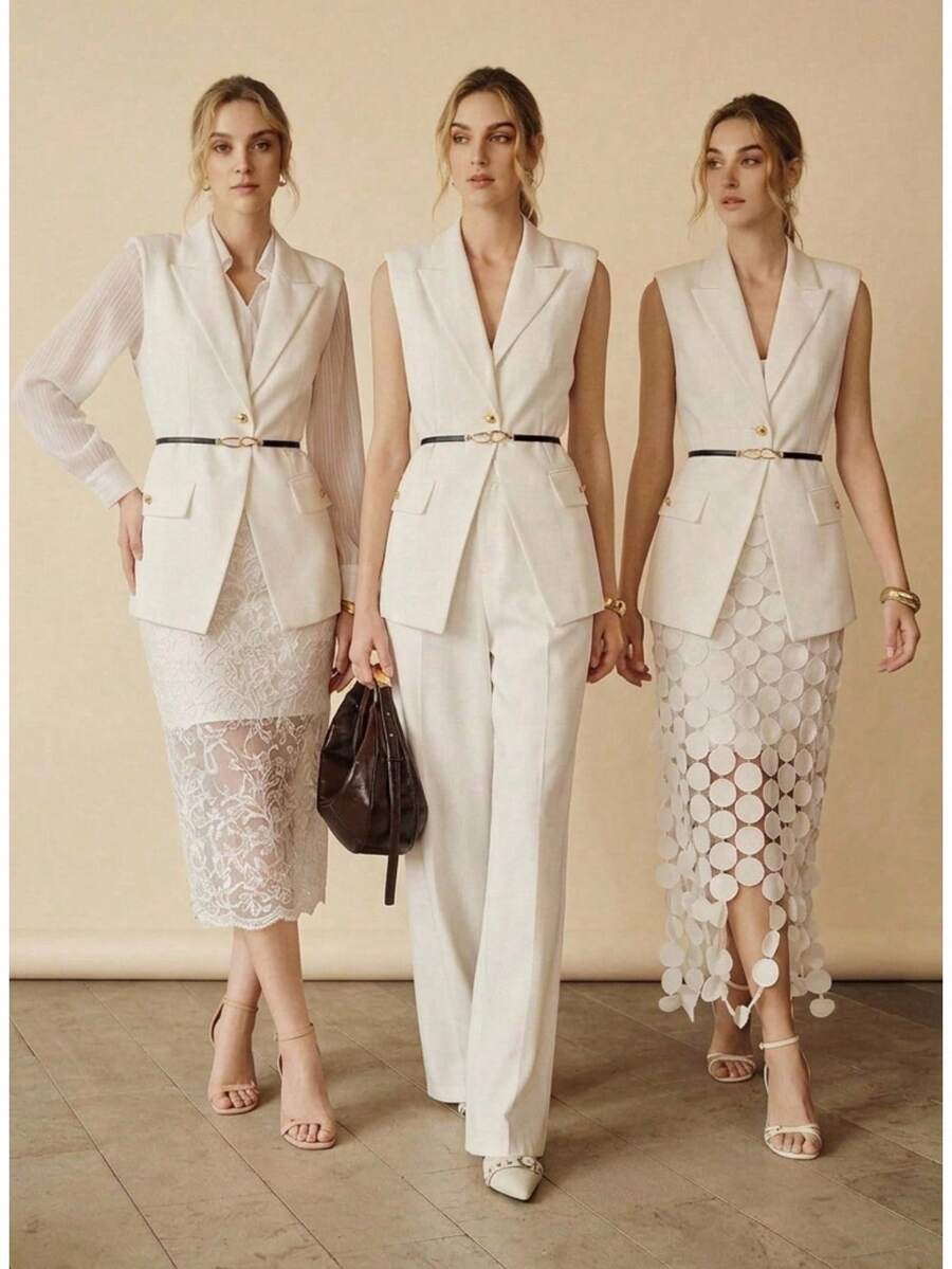 Anewsta Urban Retro Style Sleeveless Lapel Metal Button Decor Vest, White Women's Suit Jacket With Belt White Suits For Woman - White - View 1