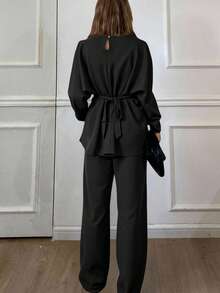 Livesso 秋冬季宽松商务休闲时尚街头风荷叶边收腰办公服套头衫搭配直筒休闲裤套装，优雅两件套，女士 - 黑色 - 查看 5