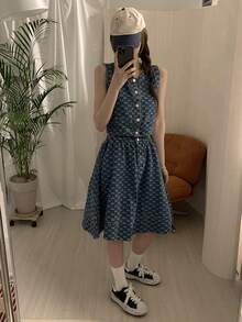 DAZY Women's Textured Washed Denim Sleeveless Loose Fit Skirt Suit, Korean Style - Blue - View 9