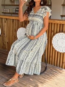 SHEIN Đầm bầu họa tiết hình học dáng xòe, thích hợp cho kỳ nghỉ. - màu nâu - Xem 8