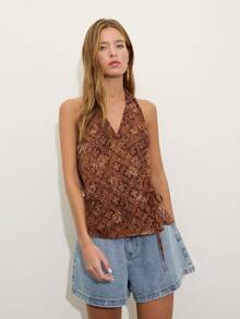 Nöista Top cruzado de cuello halter con estampado en colores marrón y naranja tostado, cierre lateral. Verano Primavera - Marrón - Ver 3