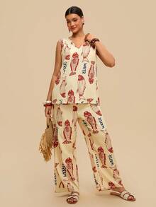 Levarali Conjunto de 2 Peças Casual de Verão para Férias e Feriados Plus Size Feminino Bege, Camisa com Decote em V de Cor Sólida e Calça Pantalona com Estampa Floral, Conjunto Resort - Multicolorido - Visão 6