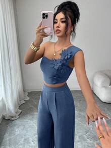 SHEIN Elenzya 优雅3D花卉装饰休闲度假无袖上衣和裤子女式两件套 - 藍色 - 查看 4