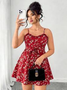 Elenzga Plus Size Women's Allover Floral Print Belted Spaghetti Strap Dress For New Year - Multicolor - View 5