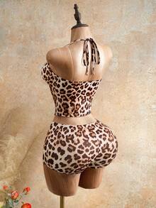 Mistrie Women's Leopard Print Halter Neck Tank Top And Shorts 2 Pieces Fitted Set - Multicolor - View 2