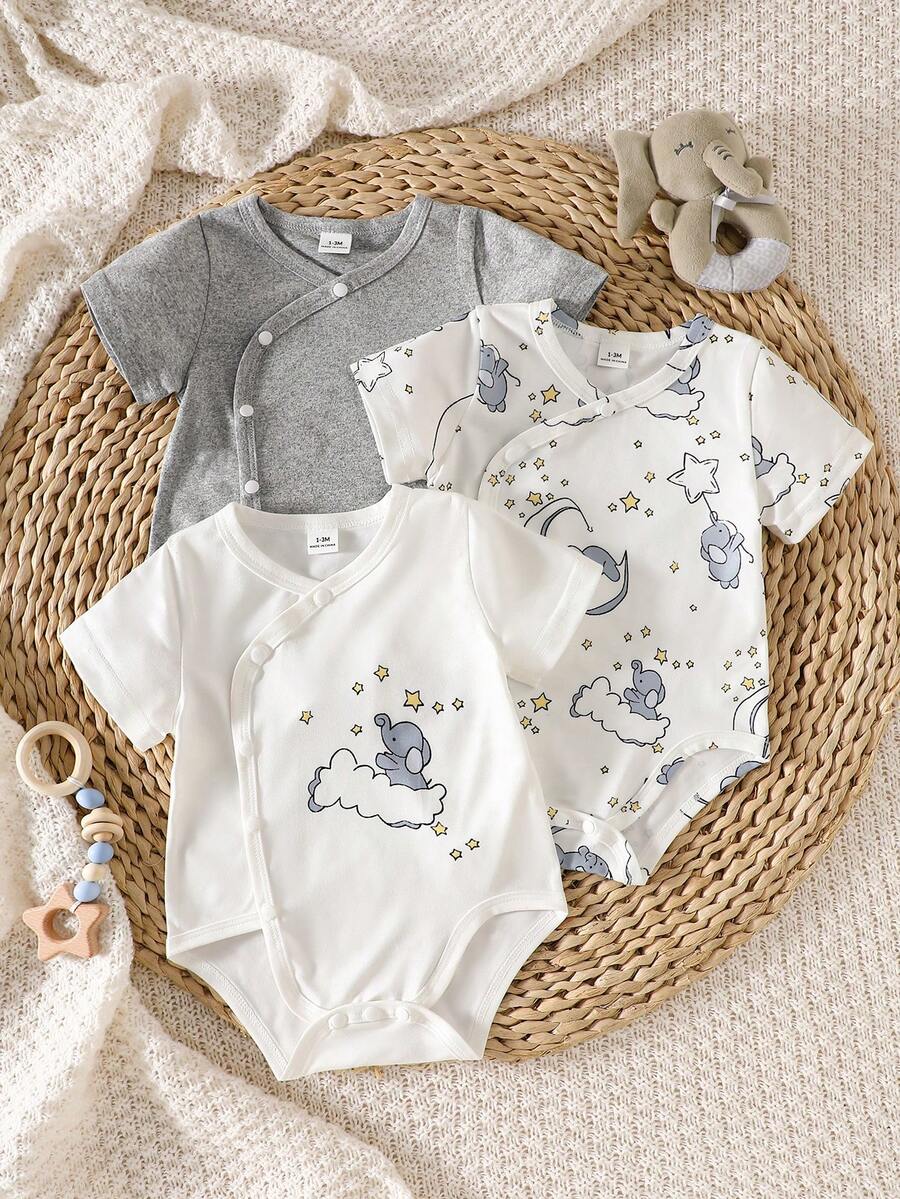 SHEIN Bộ 3 món áo liền quần ngắn tay dễ thương, tối giản, thoải mái, mềm mại, thoáng khí cho bé trai sơ sinh, họa tiết voi, mây, sao và trăng, thích hợp mặc hàng ngày vào mùa xuân/hè, dự tiệc sinh nhật và chụp ảnh. - Xám - Xem 1