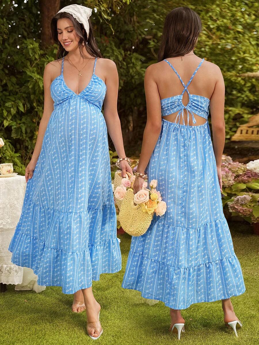 SHEIN Đầm bầu cổ yếm buộc nơ, thiết kế hai lớp, cổ chữ V sâu, lưng hở, dáng chữ A, chân váy nhiều tầng, đầm dài dệt jacquard. - Màu xanh lam - Xem 1