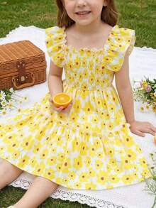 Elladie kids 少女彩色碎花修身中长连衣裙，适合墨西哥儿童节和夏季换季穿着。 - 黃色 - 查看 9