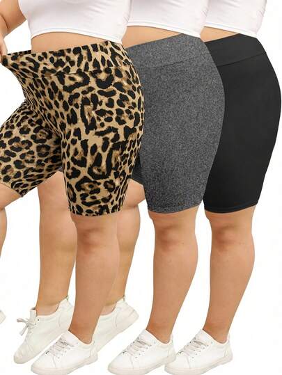 SHEIN LUNE 3pcs/Set Plus Size Comfortable High Stretch Leggings, Leopard Print, Black, Gray