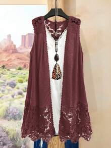 Rusticease Plus Size Casual Solid Color Lace Patchwork Sleeveless Jacket - Redwood - View 4