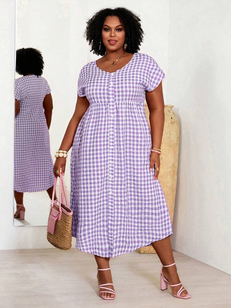 Plus Size Women's Summer Casual Vacation Country V-Neck Short Sleeve Purple Plaid Long Dress, Summer Vacation,Summer Outfits For Women ,Vacation Outfits Women ,Holiday Outfits For Women,Going Out Outfits,2026 New Clothes,Simple And Fashionable For Everyday Wear,Suitable For Summer, Vacation, Daily Wear, Festival Outfits For Women,Country Concert Outfit,Beach Outfits For Women,Flowy Dress
