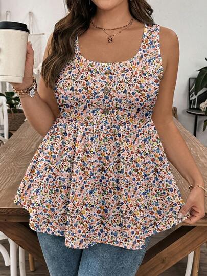 EMERY ROSE Plus Size Ditsy Floral Camisole, Suitable For Summer Vacation