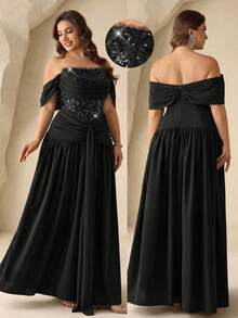 Coutiva Plus Size Sequin Patchwork Off-Shoulder Formal Evening Gown Plus Size Off Shoulder Evening Gown Sequin Corset Formal Maxi Dress Elegant Ruched Waist Banquet Dress Off Shoulder Bardot Neckline Sparkle Sequin Embroidered Bodice High Waist A Line Silhouette Formal Evening Banquet Wedding Reception Party Elegant Sophisticated Classic Solid Black - Black - View 7