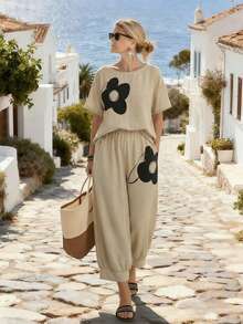 Parysyn 加大码梭织印花夏季女式两件套 - 杏色 - 查看 1