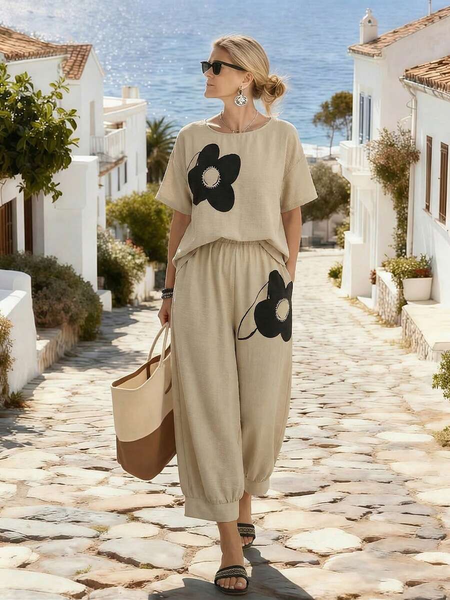 Parysyn 加大码梭织印花夏季女式两件套 - 杏色 - 查看 1