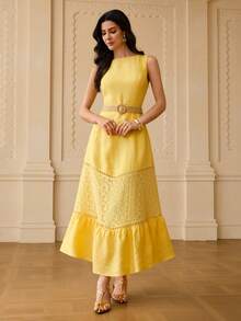 ZEYLAH 100% Linen Lace Patchwork Vacation Style Woven Belt Off Shoulder Long Dress, Spring/Summer - Yellow - View 4