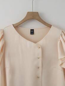 GlowEve CURVE Plus-Size Champagne Summer Elegant Formal Women's Single-Breasted Blouse,Casual Solid-Color Ruffled Short Sleeve Woven Tops For Commuting And Party - Apricot - View 8
