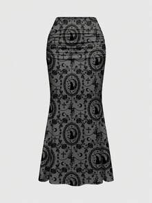 ROMWE Gothic Black Elegant Beach Vacation Black Cat Cross Valentine's Rose Vine Optimized Palace Sexy Full Print Ruched Bodycon Mermaid Skirt For Women - Black - View 1