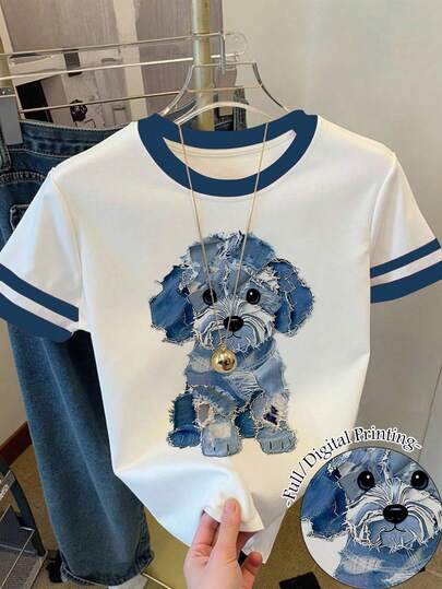 Camiseta de manga corta holgada con estampado de cachorro, bloque de color contrastante y rayas para niña preadolescente, adecuada para el verano, uso diario, vuelta al colegio, a juego con hermanas, vacaciones