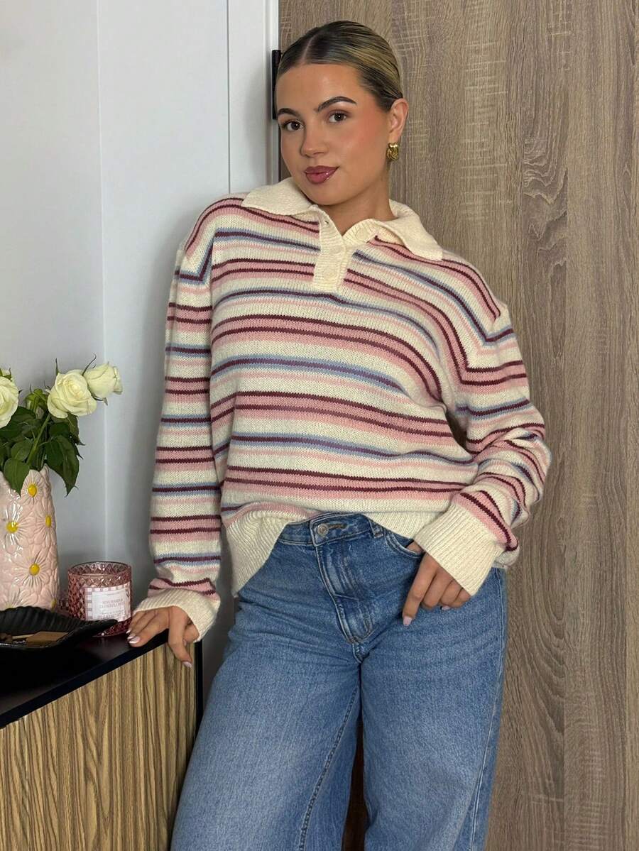 Bethéva Suéter casual versátil con cuello polo y bloques de color a rayas - Multicolor - Ver 1