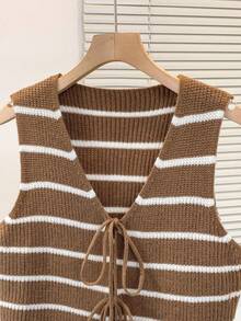 Resyla 女式休闲条纹系带针织毛衣背心 - 卡其色 - 查看 3