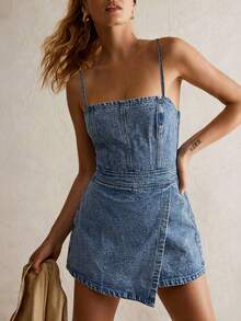 SHEIN ICON Quần yếm denim nữ đa năng, thoải mái, thích hợp mặc hàng ngày. - Màu xanh lam - Xem 1