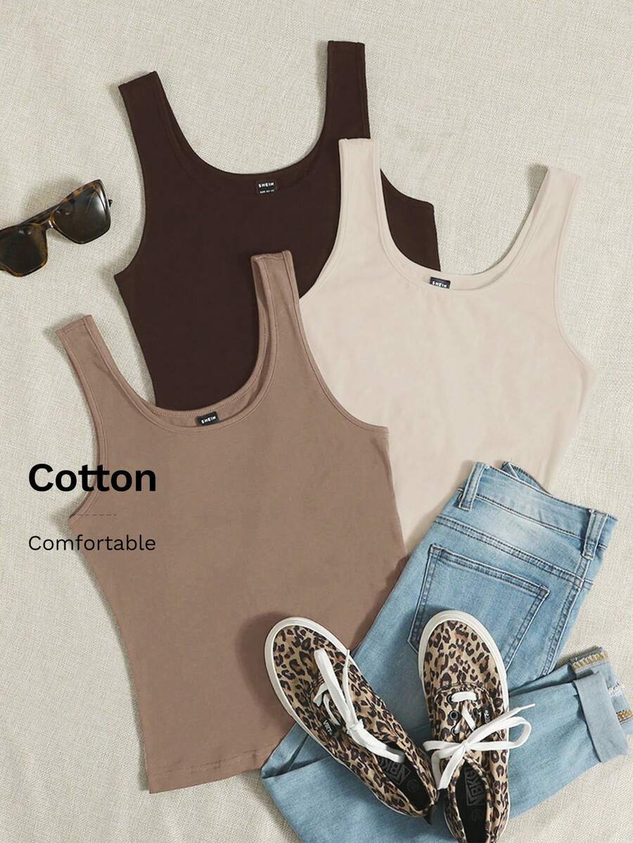 SHEIN EZwear Setelan Tank Top Polos 3 Potong Musim Panas, Pakaian Kasual Katun Dasar untuk Wanita di Musim Panas