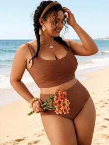 Swim Lushoire Plus Size Solid Color Bikini Set, Suitable For Beach & Vacation - Coffee Brown - View 5