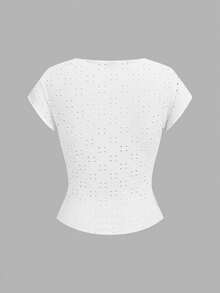 SHEIN EZwear Black Knit Women's U-Neck Short Sleeve Embroidered Breathable Tank Top For Summmer Club Sexsy - Multicolor - View 7