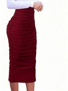 INAWLY 大码女式酒红色纯色修身性感侧褶皱半身裙 - 酒紅色 - 查看 4