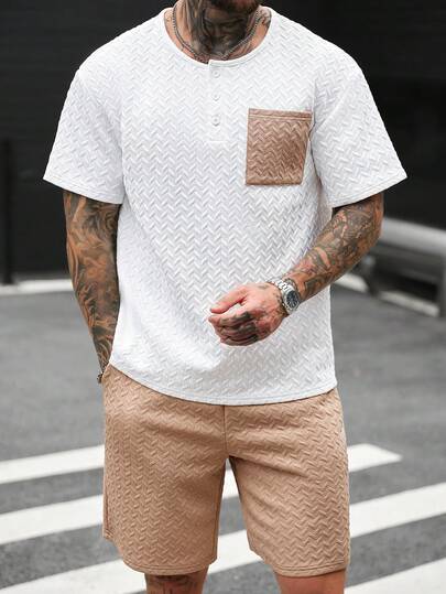 Manfinity CasualCool Men's Summer Casual Colour-Block Pocket T-Shirt And Shorts Set Streetwear Outfit,Men Old Money,Daily Leisure, Weekend Trips, Outdoor Activities, Travel Expeditions, Relaxed Work Environments Or Semi-Formal Occasions, Boyfriend/Husband Gift, Anniversary /Birthday Gift Party Summer Vacation Holiday,Wedding,Spring To Summer,Easter,Y2k,Vintage,Men's White Short Sleeve Textured Shirt With Contrast Pocket Henly Neck Button Design,Men 2 Piece Set Tee,Men Summer Short Sets,Men's Short Sleeve 2 Piece Casual Se,Light Tan Beige Suede For Men Street Style T Shirt,Men's T Shirts With Pockets