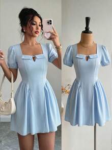 Elenzga Sweetheart Neck Waist Cinched A-Line Elegant Romantic Delicate Women Dress, Short Sleeve - Blue - View 3